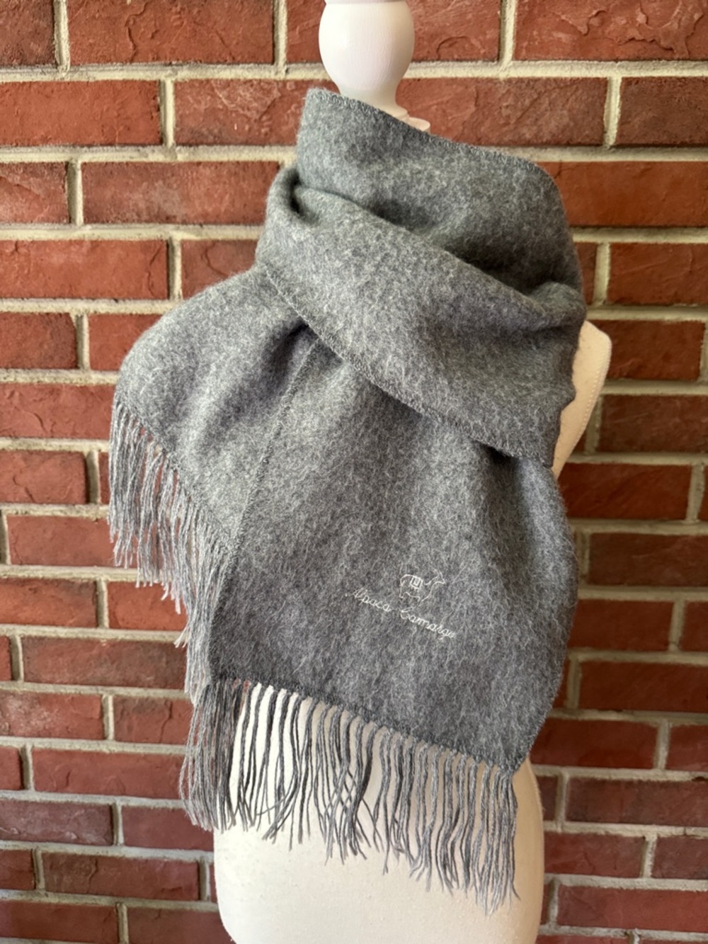 Alpaca Camargo Grey Alpaca Fringed Scarf Embroidered Logo 9”x70” NEW